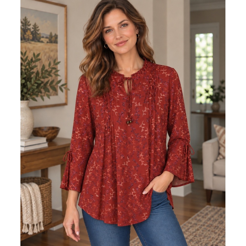 Style & Co Peasant Blouse Womens Medium Rust Floral Bell Sleeve Fall Autumn Boho